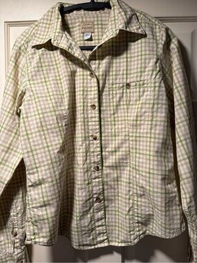 Filson Women’s Large Plaid Button Up Shirt Green Tan Outdoor Hiking
